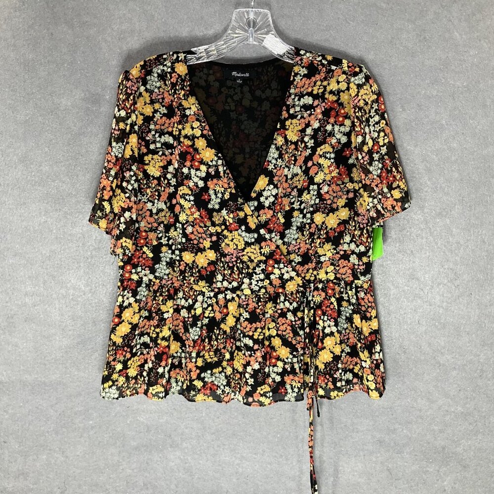 Madewell Top Women Sz S‎ Dark Floral Lined Flowy V-Neck Peplum Flutter Sleeve